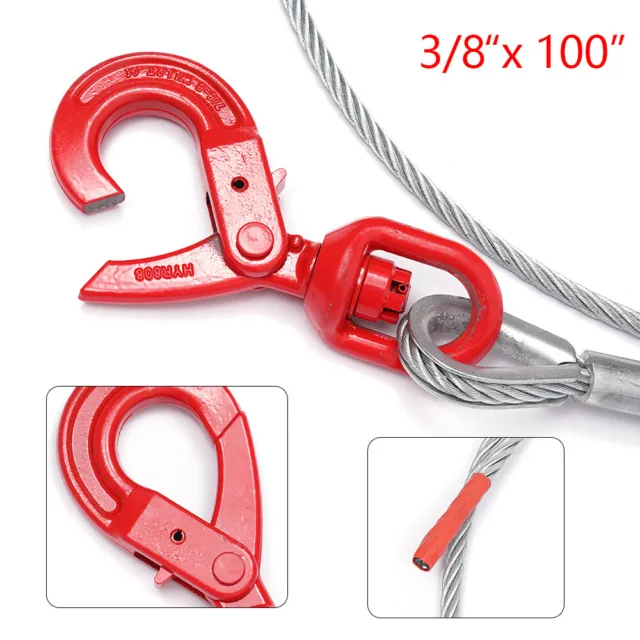 Wire Rope Steel Core Winch Cable Self-Locking Swivel Hook Towing Wire 3/8"x 100"