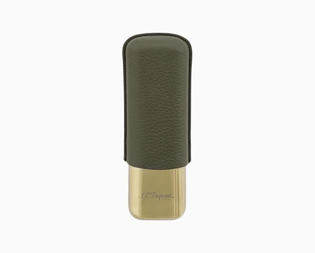 S.t. Dupont Portasigari Cigar Case 2 Cigar Metallo Dorato E Pelle Kaki 183269