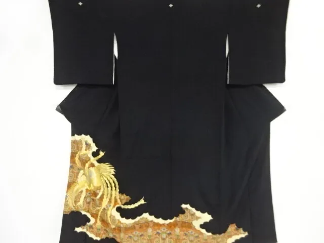 85838# Japanese Kimono / Antique Tomesode / Embroidery / Phoenix With Sarasa