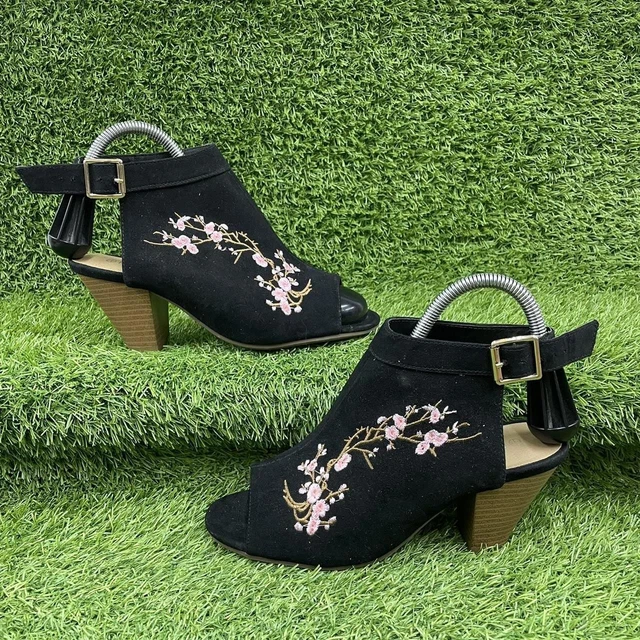 PEACOCKS BLACK SUEDE ANKLE BOOTS PEEP TOE CUT OUT FLORAL