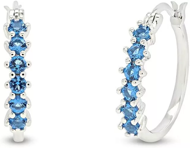 Hoop Earrings Simulated London Blue Topaz 14K Gold Plated 925 Sterling Silver