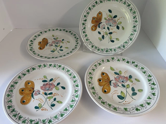 Lot Of 4 07746 PV Italy ￼Majolica Butterfly Floral Hand Painted Salad Plates EUC