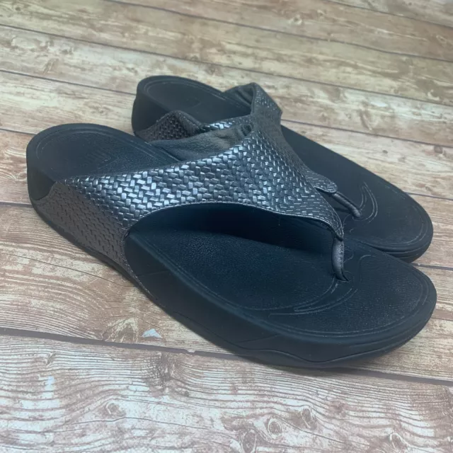 FitFlop Size 9 41 Womens Silver Lulu Weave Thong Slip-On Sandals Style 407-054