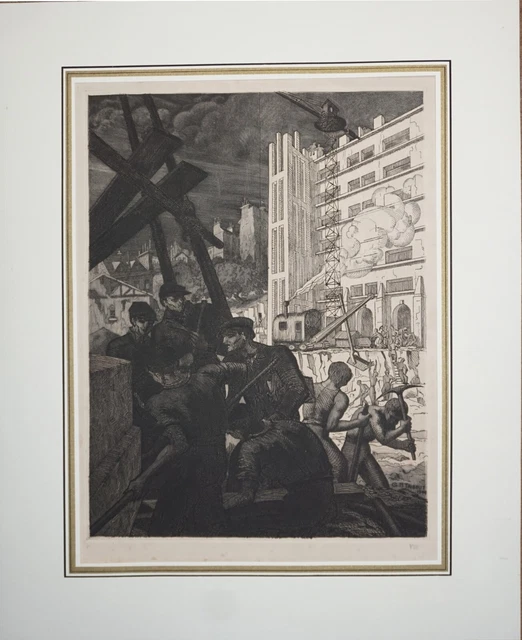 G.H.TRIBOUT   ""  Travailleurs sur le chantier  ""  gravure originale
