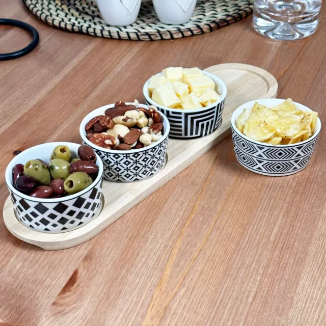 5pc Geometric Serving Dish Set Black White Ceramic Tapas Snack Bowls Bamboo Tray