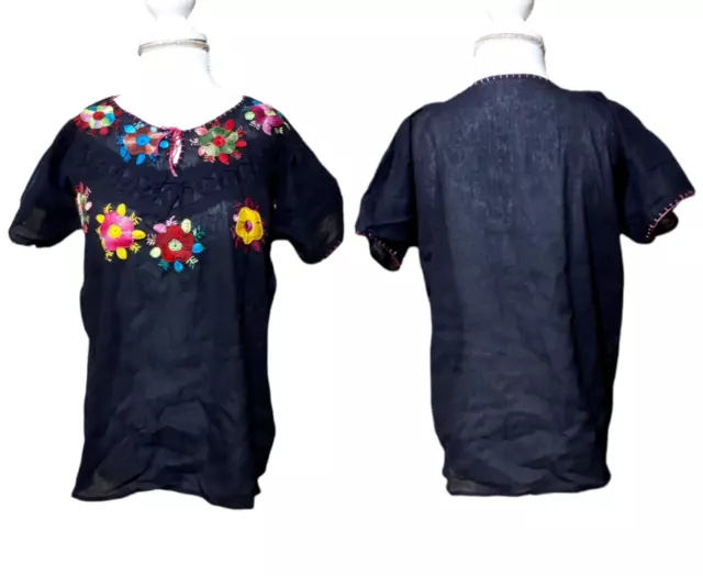 Mexican Hand Embroidered Women's Blouse Peasant Top Black Etnic Cap Sleeves M/L