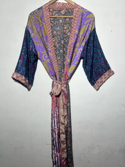 Kimono Silk Patchwork Silk Sari Robe Dressing Gown Woman Bath Robe Maxi Dress