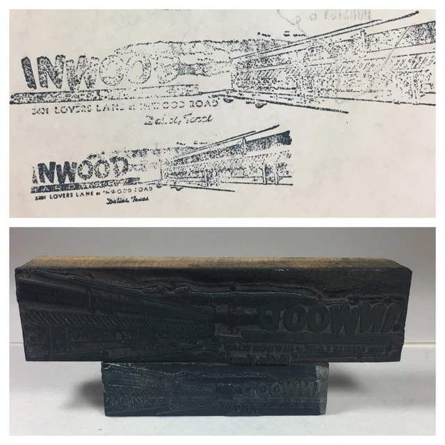 Letterpress printing block Inwood Hardware Dallas Texas Advertising