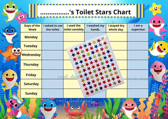 Kids Children Shark Toilet Potty Training Reward A4 Chart & Sticker Sheet
