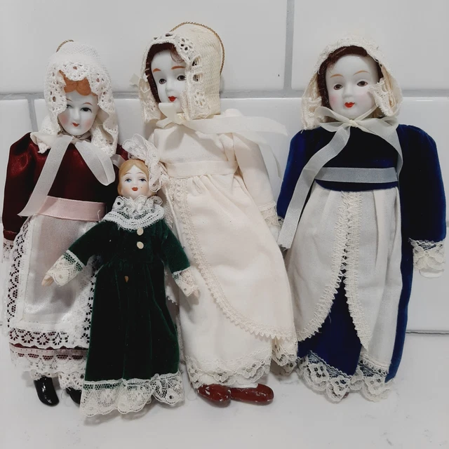 4 Vintage Porcelain Victorian Girl Doll 7" Christmas Ornament Red Dress Bonnet