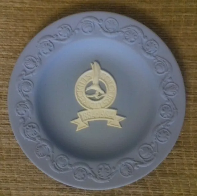 A white on light blue Wedgwood Jasperware pin dish, 1884-1984 Reckitt's Colours
