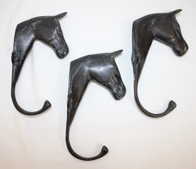Trio LOT of 3! Vintage Brass Horse Head Wall Mount Coat Towel Purse Hat Hooks