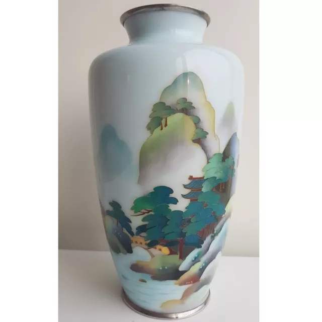 Antique Japanese Sky Blue Cloisonne Vase Landscape Scene Japan 7 3/8"