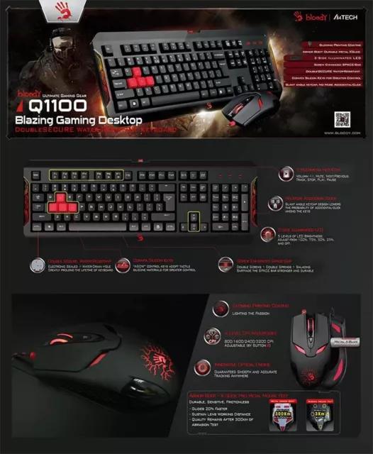 Bloody Ultimate Gaming Gear Q1100 Double Secure Water-Resistant Keyboard W/Mouse 3