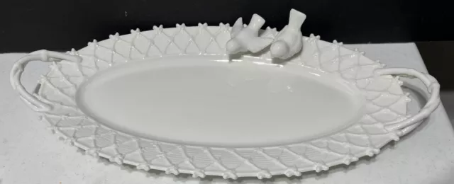 Victorian Bird Gracie White Porcelain Serving Platter Birds Lattice Handles 16”