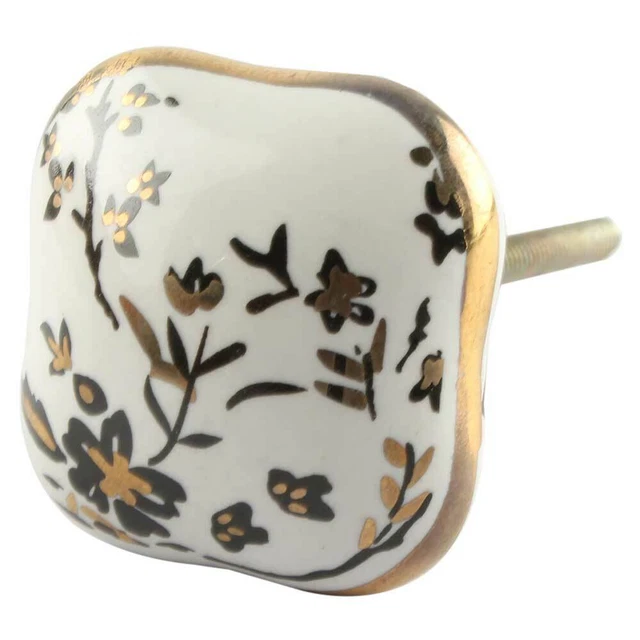 Doré Feuille Fleur Céramique Carré Bouton Placard Porte Boutons