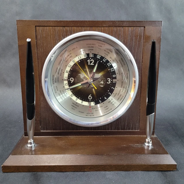 BULOVA WOOD DESK Clock with Double Pen Holder Battery Operated £59.29