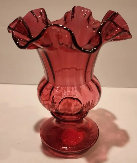 Fenton Pink Cranberry Optic Swirl Vase 6.5" Tall Ruffled Top Art Glass Vintage