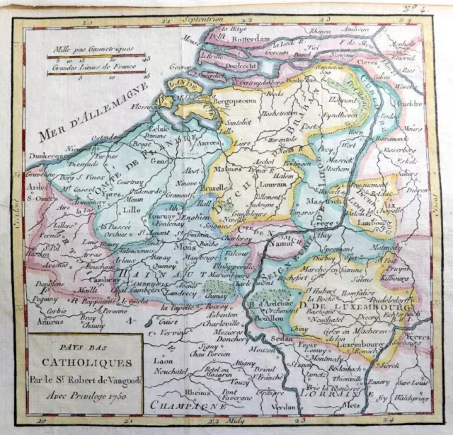 BELGIUM BY ROBERT DE VAUGONDY c1781  GENUINE ANTIQUE COPPER ENGRAVED MAP