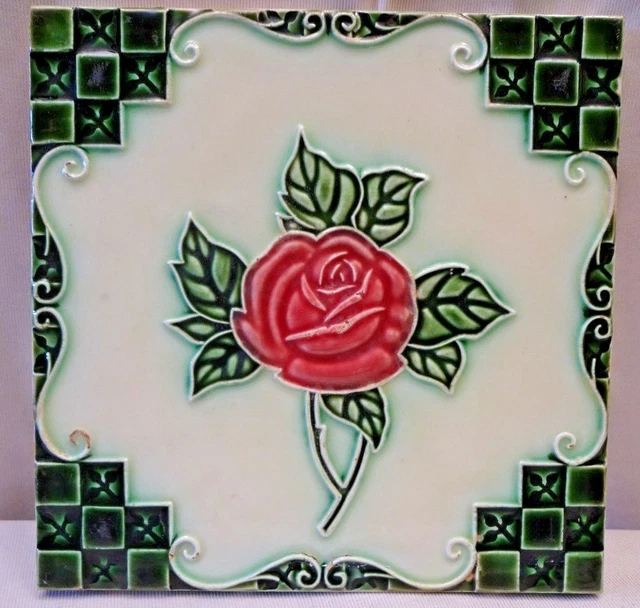 Tile Rose Red Majolica Japan Dk Vintage Art Nouveau Porcelain Collectibles#241