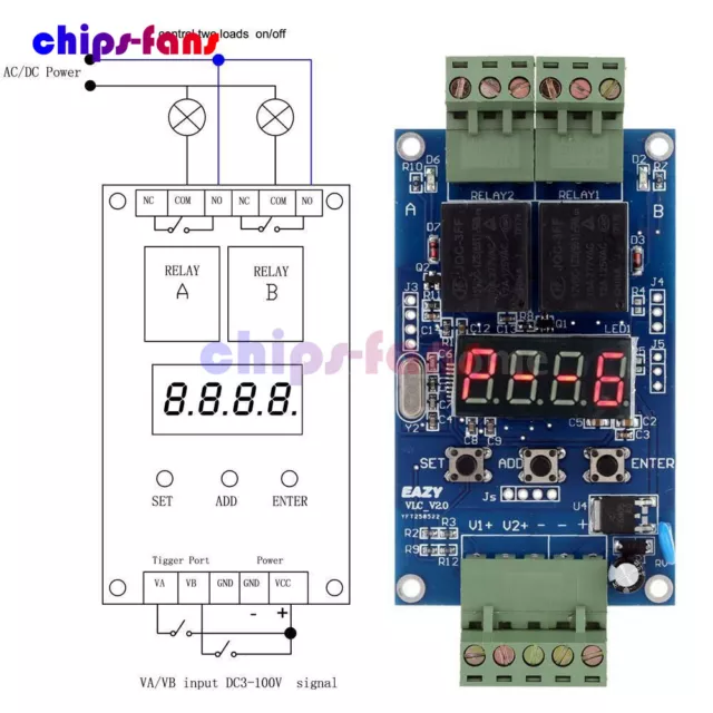 DC 12V Dual Programmable Relay Control Board Cycle Delay Timer Switch Module