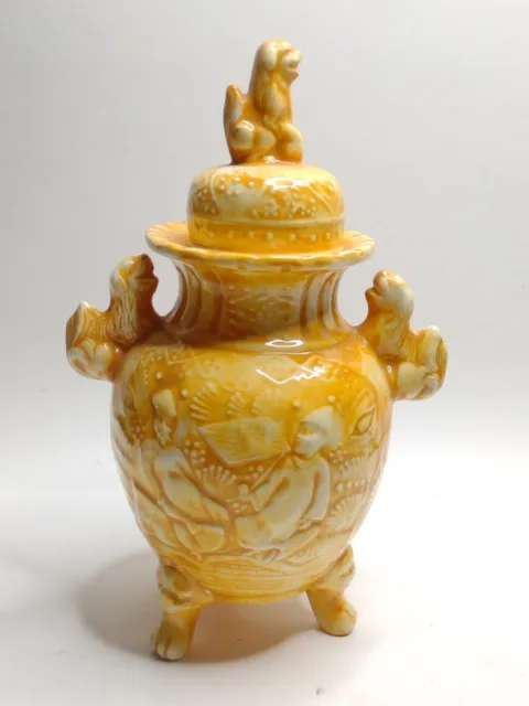 Vintage 1973 Glazed Yellow Japanese Style Three Footed Urn Vase Foo Dog Handles
