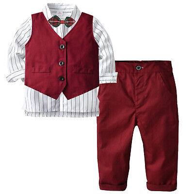 Kids Boys Party Formal Suit Long Sleeve Striped Shirt with Vest Bowtie Pants Set