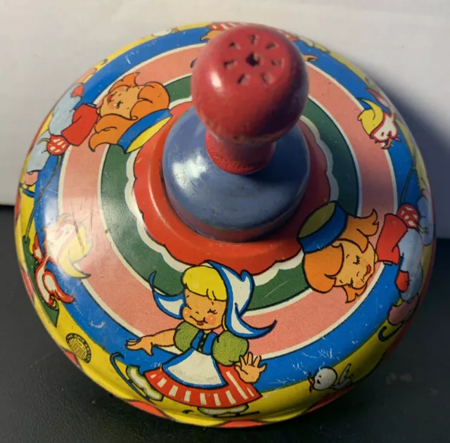 Ohio Art Tin Spinning Top Toy Dutch Boy & Girl Skaters Lithograph 1950s Vintage