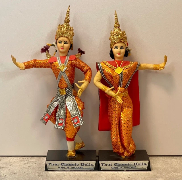 Vintage Costume Dolls x 2 Thai Traditional Temple Dancer Lekhon 8" Thailand Pair