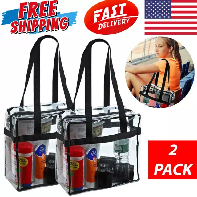 2x Clear PVC Tote Bag Women Large Transparent Handbag Zip Purse Stadium Security