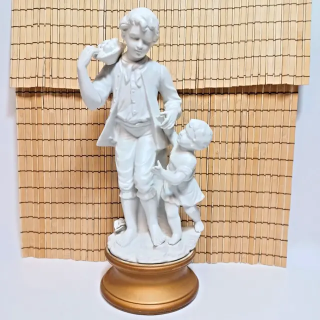 Vintage Parian Ware Bisque Porcelain Statue Figure on Stand Man and Child 14”