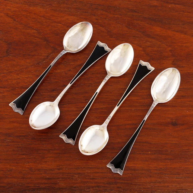 5 Tostrup Norwegian Art Deco 830S & Enamel Demitasse Spoons Kronesolv No Mono