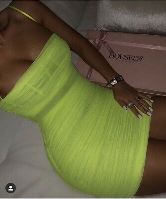 House of CB Ella Lime Organza Mesh Semi Sheer Ruched Mini Dress Corset Boned XS