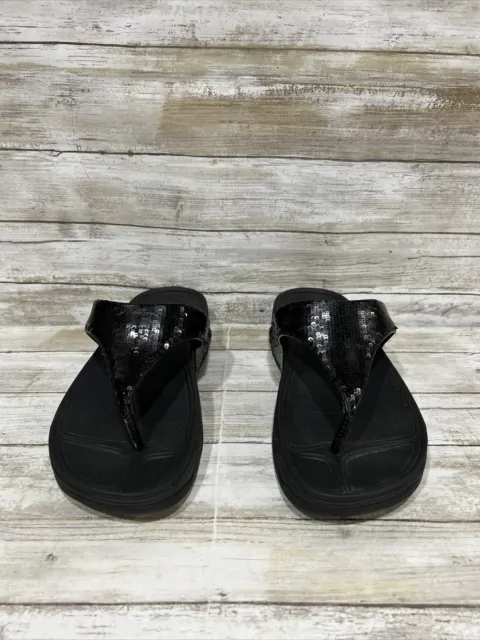 Fitflop Electra Women Black Sequins Flip Flop Thong Wedge Sandals 034-001 Sz 8