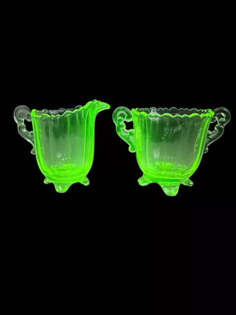 Vintage Uranium Glass Footed Sugar Bowl & Creamer Pair Set Depression Green RARE