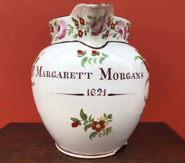 Georgian Pearlware Jug with floral decoration named Margarett Morgans 1821