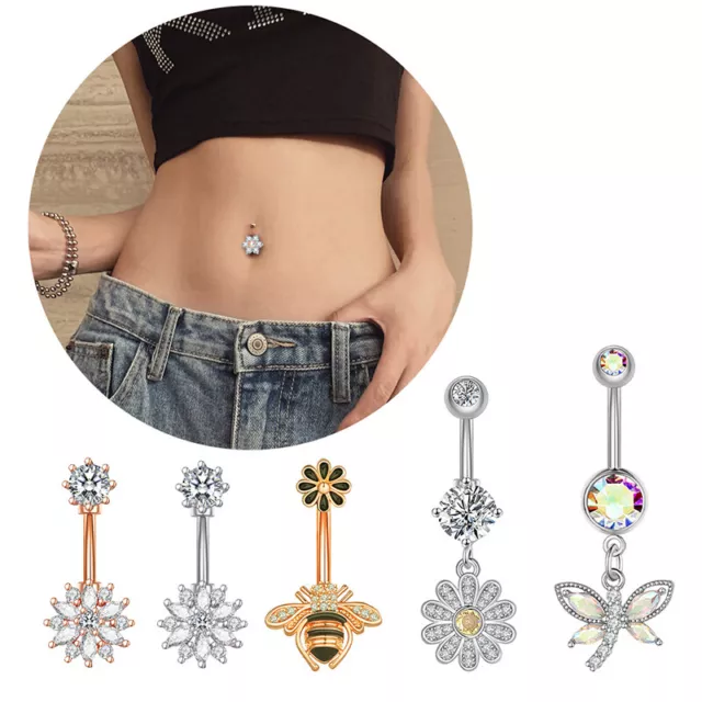 Dangled Belly Button Rings Surgical Steel Navel Piercing Crystal Bee Belly RiSA