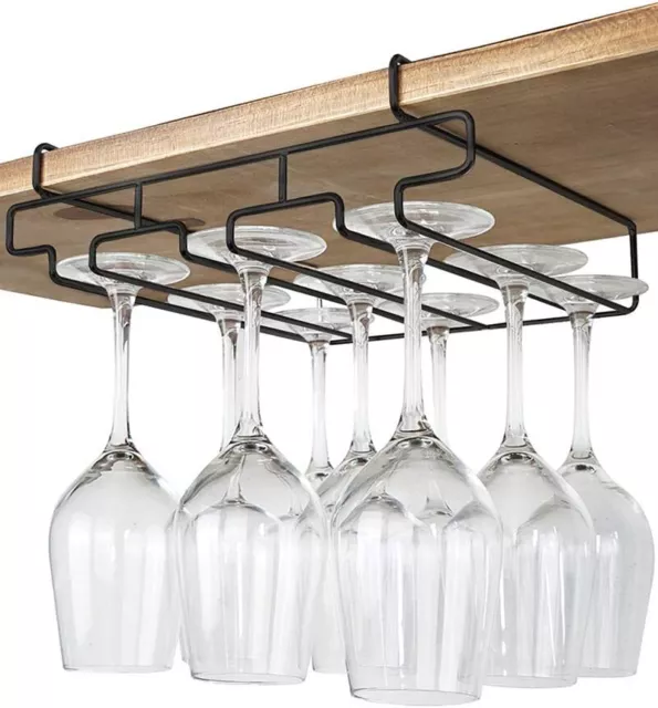 Wine Glass Holder Stemware Rack Under Cabinet Steel Hanger Storage Shelf (Black)