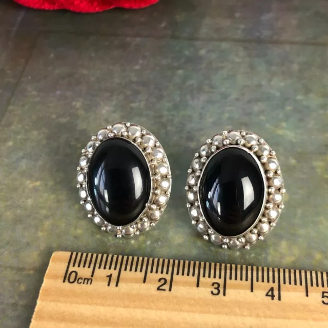 Solid STERLING SILVER 925 Large Oval Black Onyx Concho Earrings Southwestern
