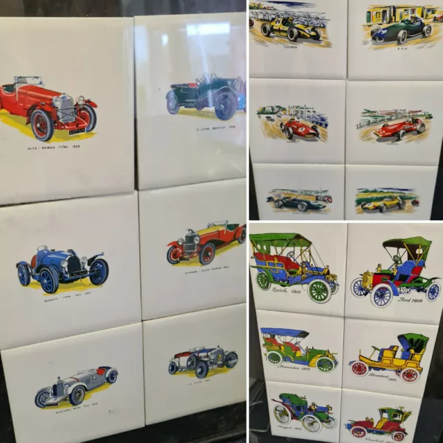 Vintage Car Ceramic Tiles various designs including Bugatti, Aston Martin, Lotus