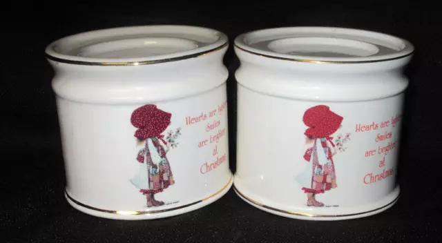 Vintage   Holly Hobbie  thick pillar candle holders christmas cute!!       (GB4)