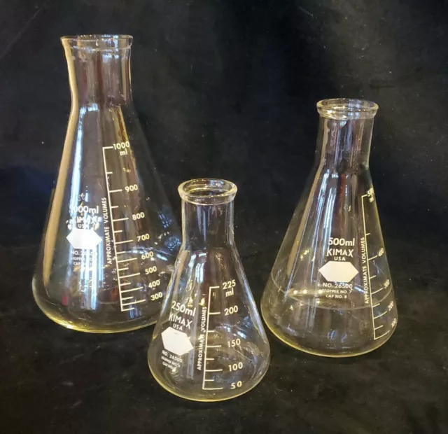 Kimax Glass Flasks 250, 500, & 1000ml. Good shape, See photos.