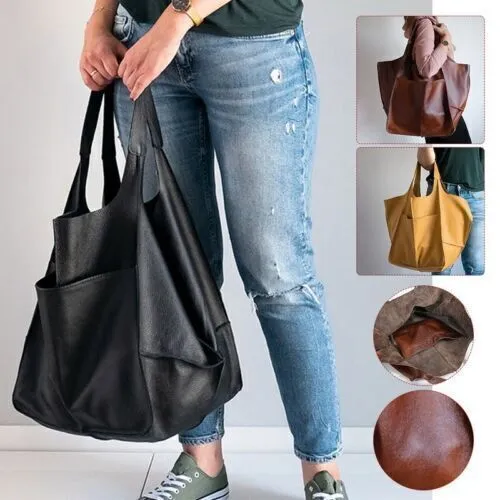 Women Soft Pu Leather Handbag Shopper Tote Bag Over Large Casual Shoulder Bags