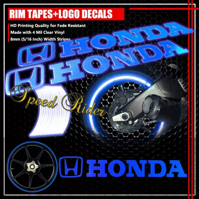 Blue Reflective Rim Tape Car Bike Wheel Stripe+Honda Logo+Letter Decal 16 17 18
