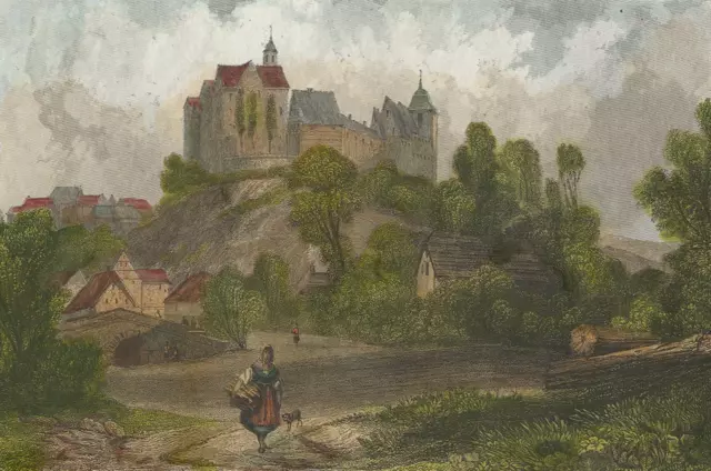 NOSSEN - Gesamtansicht mit Schloss - kolorierter Stahlstich um 1830