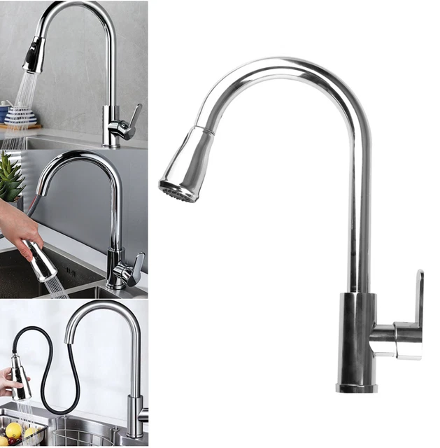 Stainless Steel Kitchen Taps Sink Mixer Pull Out Spray Tap Single Faucet Silver