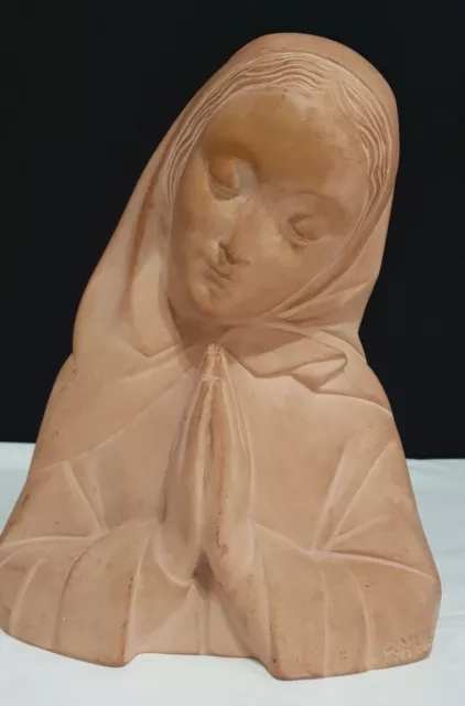 Vintage French Terracotta Bust Sculpture of Virgin Signed by "Rhul" 20th Century