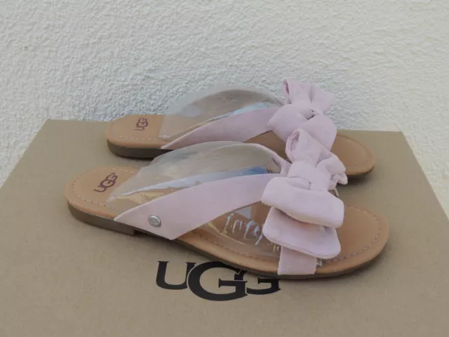 Ugg Fonda Seashell Pink Suede Bow Slide Sandals, Women Us 7.5/ Eur 38.5 ~Nib