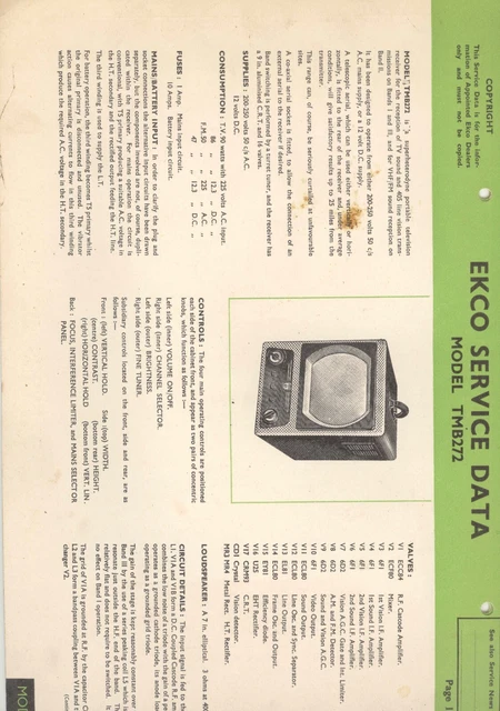 EKCO TMB272 Portable Television, Original service data (8 pages 33cm x 21cm appr
