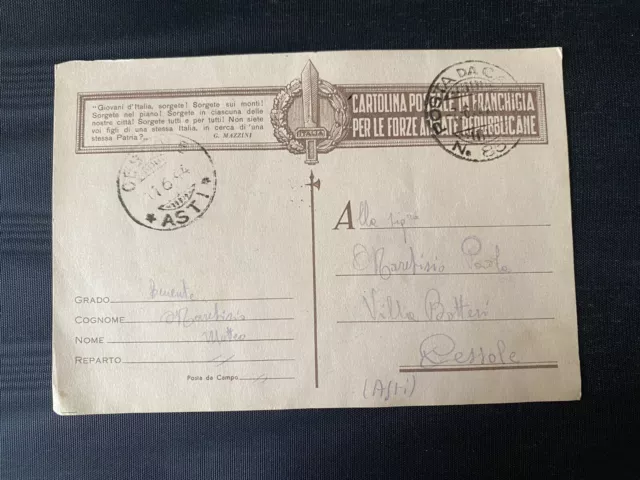 Cartolina Postale In Franchigia Per Forze Armate Repubblicane 1944 15